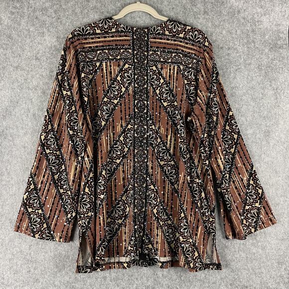 Bob Mackie Jersey Top Womens XL Brown Printed Sequins Button Front Stretch Artsy - Picture 11 of 16